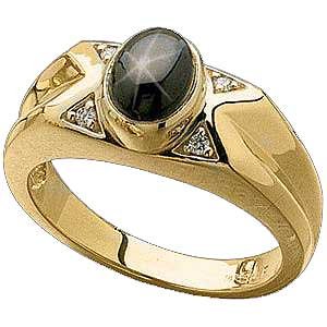 14 K Gold Mens Black Star Sapphire and Diamond Ring
