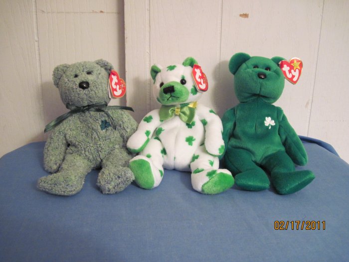 Beanie Babies Irish Bears Erin, Clover, Shamrock