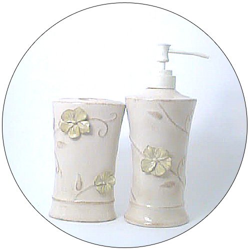 Lotion / Soap Dispenser & Toothbrush Holder (4 Hole) - Sand Color w/ Attached Flower