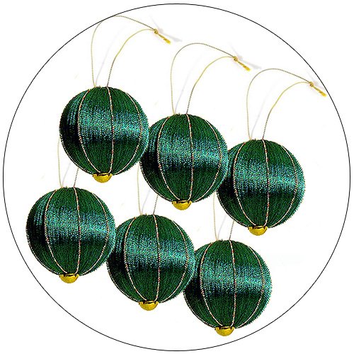 Christmas Tree Ornaments - Green Spun Thread w/ Multicolor Embellishments - Set of 6