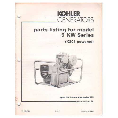 Original 1982 Kohler Generator Parts Listing For Model 5 KW Series No