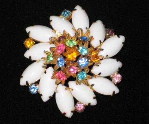 Milk Glass Marquis and Multi Colored Stone Swirl Brooch BRO2011