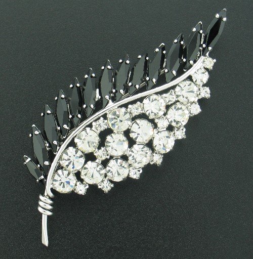 Artistic Black and Clear Rhinestone Leaf Brooch BRO2018