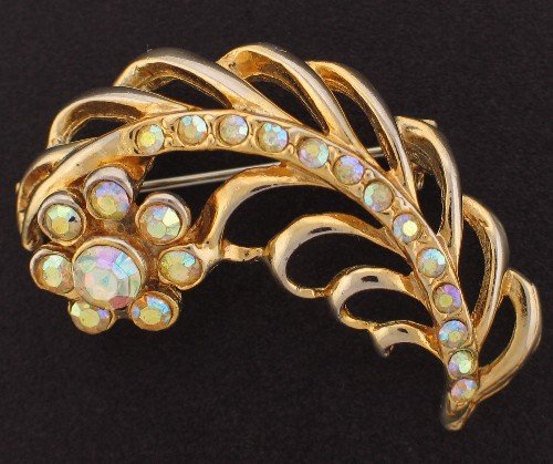 Gold Tone Feather and Flower Brooch with Aurora Borealis Accents BRO2055