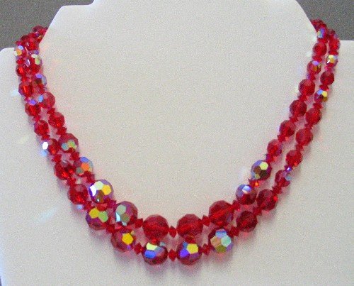 Dual Strand Red Aurora Borealis Crystal Vintage Necklace NEC2038