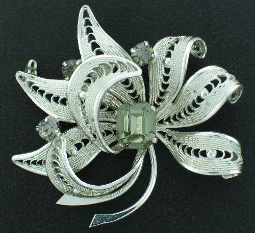 Vintage Filigree Silver Tone and Rhinestone Brooch BRO2063