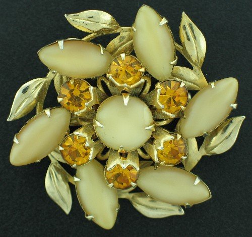 Carmel Cabochons and Amber Rhinestone Layered Brooch Bro2038