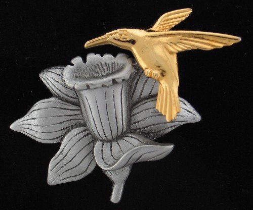 JJ Signed Hummingbird and Daffodil Trembler Brooch Bro2069
