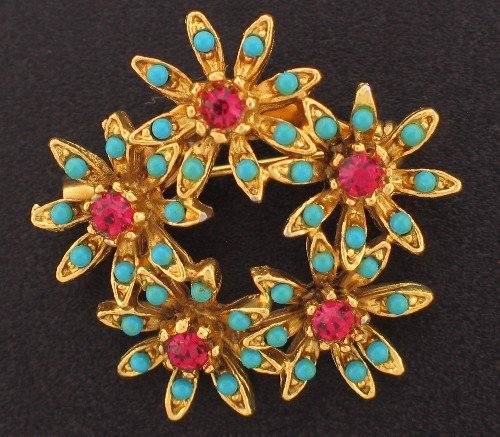 Faux Turquoise and Dark Pink Rhinestone Vintage Brooch Bro2057