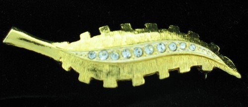 Vintage Gold Tone Leaf with Row of Clear Rhinestones Bro2034
