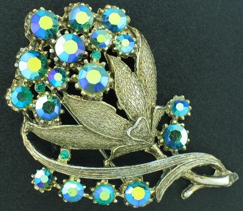 Glizty Green Aurora Borealis Rhinestone Vintage Brooch Bro2037
