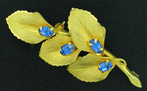Classy Gold Tone Leaf and Blue Rhinestone Brooch Bro2166