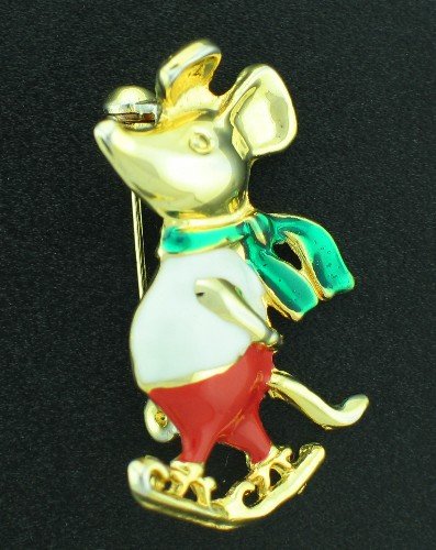 Skating Mouse Enameled on Gold Tone Bro2046