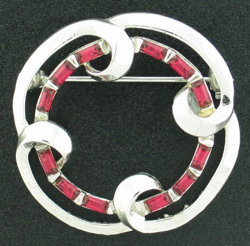 Silver Tone and Red Baguette Vintage Brooch Bro2080