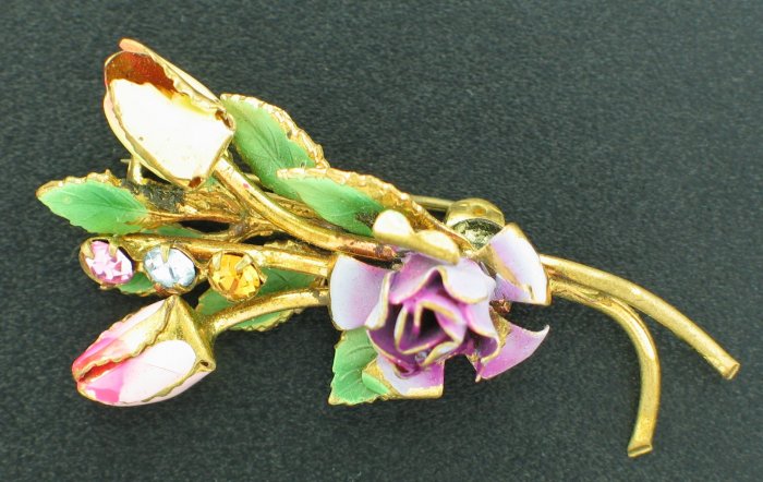 Austrian Signed Painted Roses Brooch Bro2090