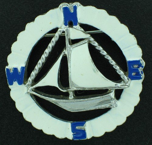Coro Nautical Style Ship Inside the Compass in Enameled Blue and White Bro2147