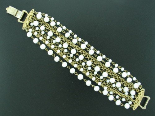 Coro Wide multi Strand White Bead and Chain Bracelet Bra2012