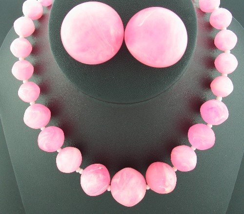 Pink Marble Lucite Long Single Strand Necklace and Button Style Earrings Set2002