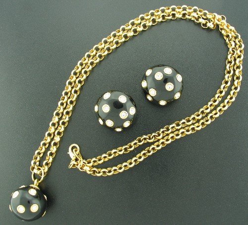 Black Enamel and Rhinestone Polka Dot Necklace and Earring Parure Set2103
