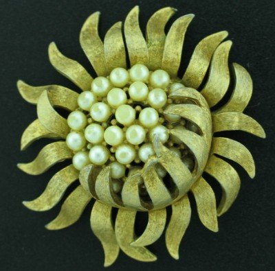 Trifari Brushed Gold Tone Sunflower Brooch with Faux Pearls