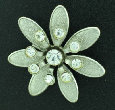 Stamped Silver Tone Daisy Style Flower with Clear Rhinestones Bro2130