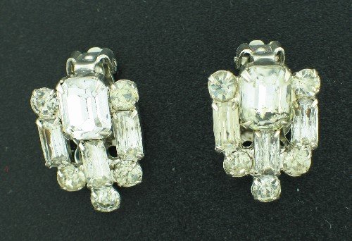 Signed Garne Bagette and Round Rhinestone Earrings Ear2074