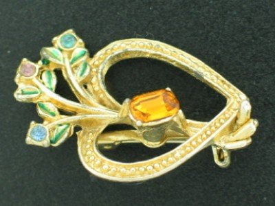 Heart and Flower Brooch with Emerald Cut Topaz Rhinestone Bro2177