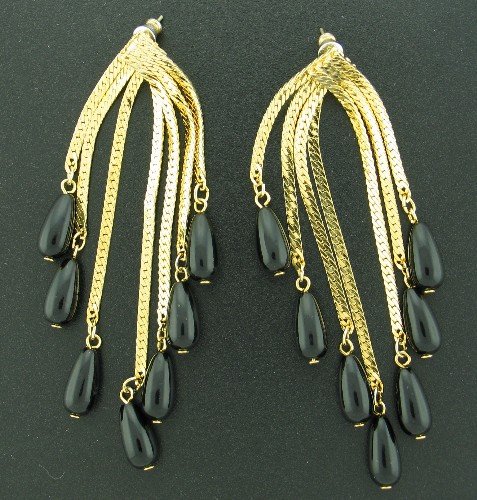 Gorgeous Black Drop Beads and Gold Tone Dangle Post Earrings Ear2044
