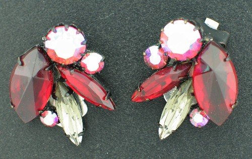 Vintage Red and Clear Marquis and Round Aurora Borealis Rhinestone Earrings Ear2077