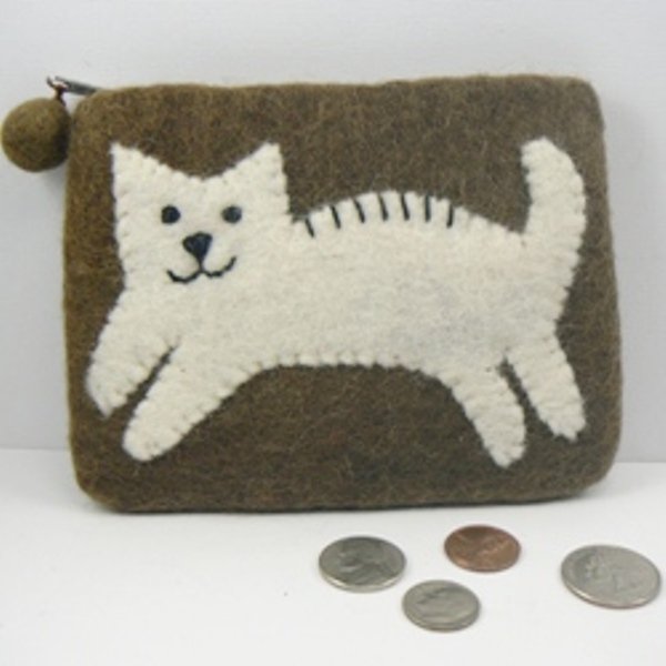 Brown Felt Coin Change Purse w/ Cream Kitty Cat