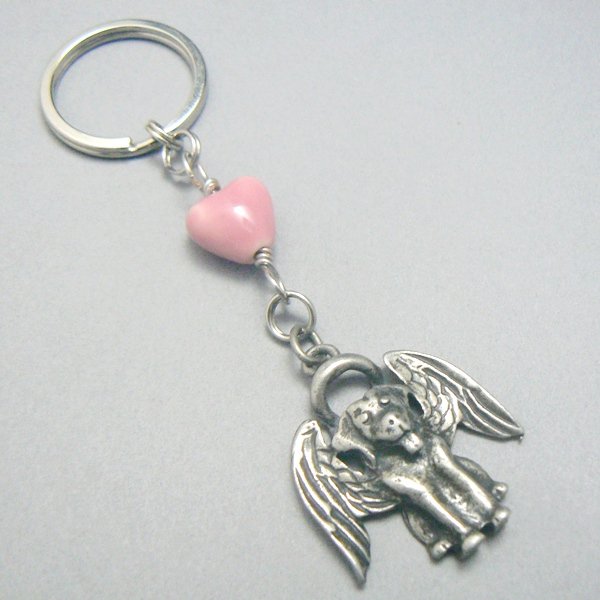 Guardian Dog Angel Pewter Key Chain Ring w/ Pink Heart Keychain