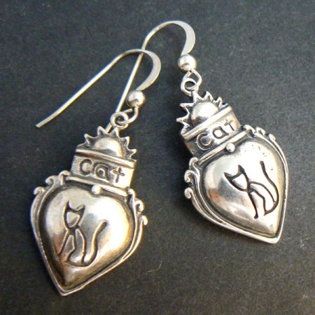 Cat in Heart Sterling Silver Dangle Earrings