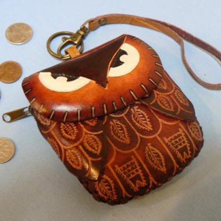 Leather Owl Wristlet Change / Coin Purse / Brown