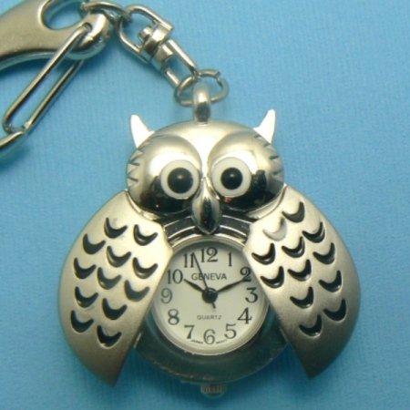 Owl Pocket Watch - Key Chain - Silver Toned