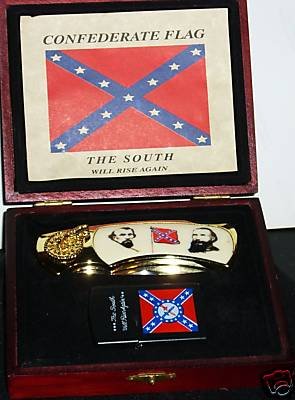 COLLECTIBLE FOLDING KNIFE & LIGHTER IN WODEN CASE "THE SOUTH WILL RISE AGAIN "