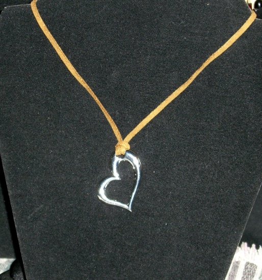 Silver Tone Heart with Tan Soft Suede Choker Necklace