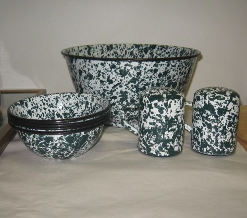 Green & White Enamelware Popcorn Bowls, S&P Shakers