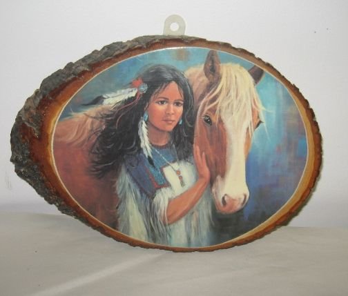 Indian Maiden w/Horse Print on Wood Slab