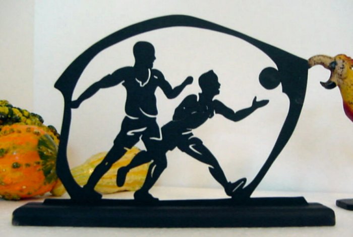 Scrambling For the Ball on the Basketball Court Wood Silhouette