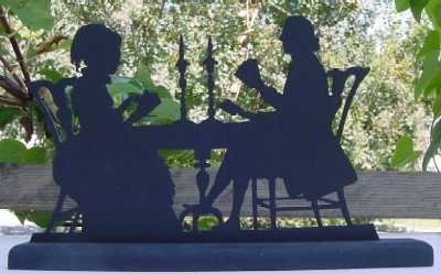 Victorian Couple Playing Cards Wood Silhouette