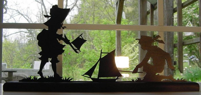 Boy, Girl Playing With Toy Boats Hand-cut Decorative Wood Silhouette