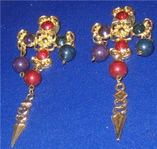 GOLD TONE Long Dangly Goth Cross Jewelled Earrings Vintage Fashion Jewelry Jewellery