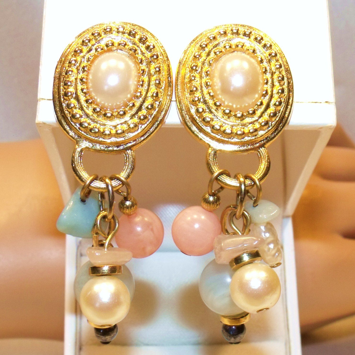 Vintage Colorful Clips Earrings faux Pearl Jade Pink Stones Gold Plate