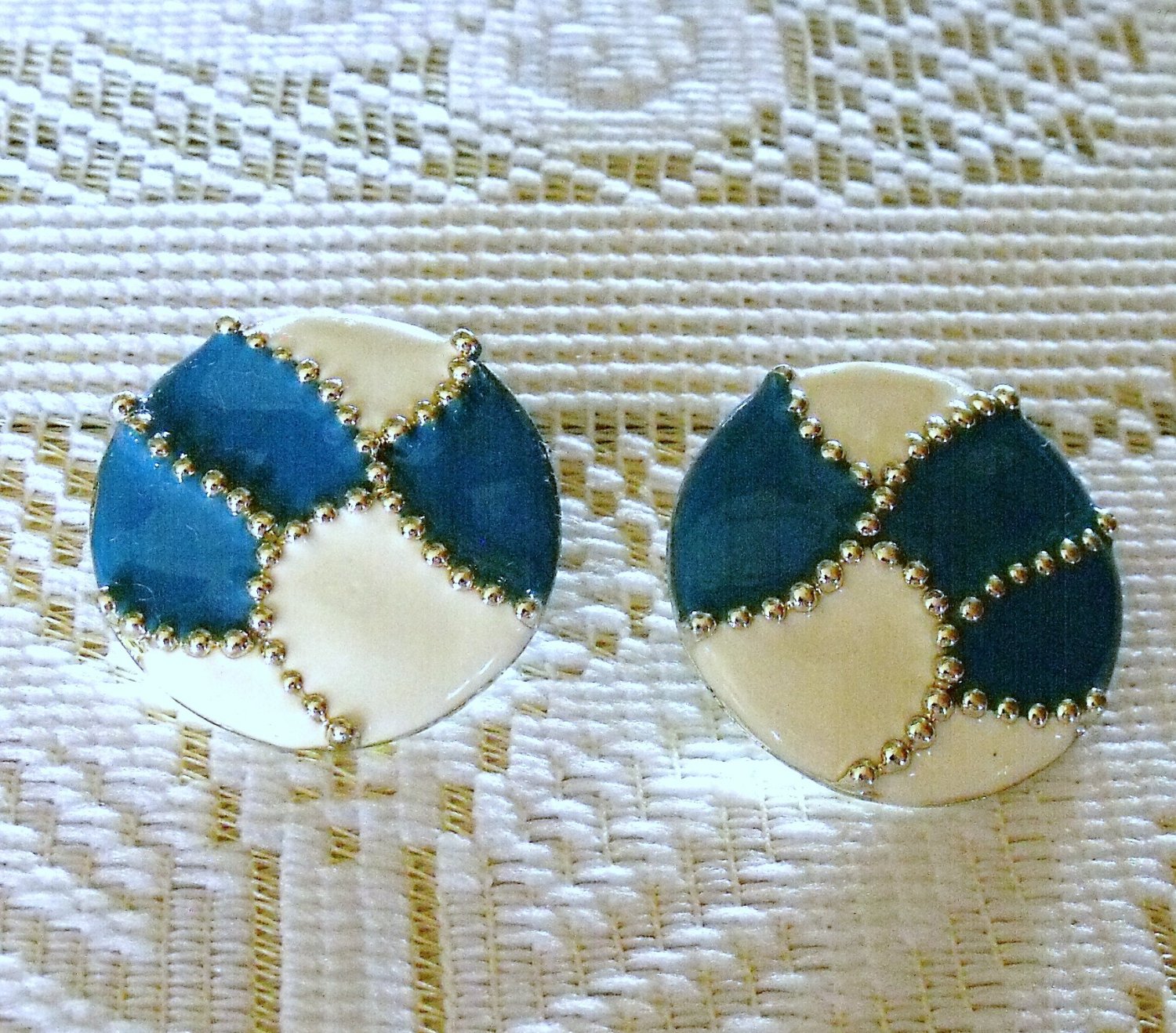 Designer Signed Don-Lin Turquoise White Enamel Post Earrngs Vintage