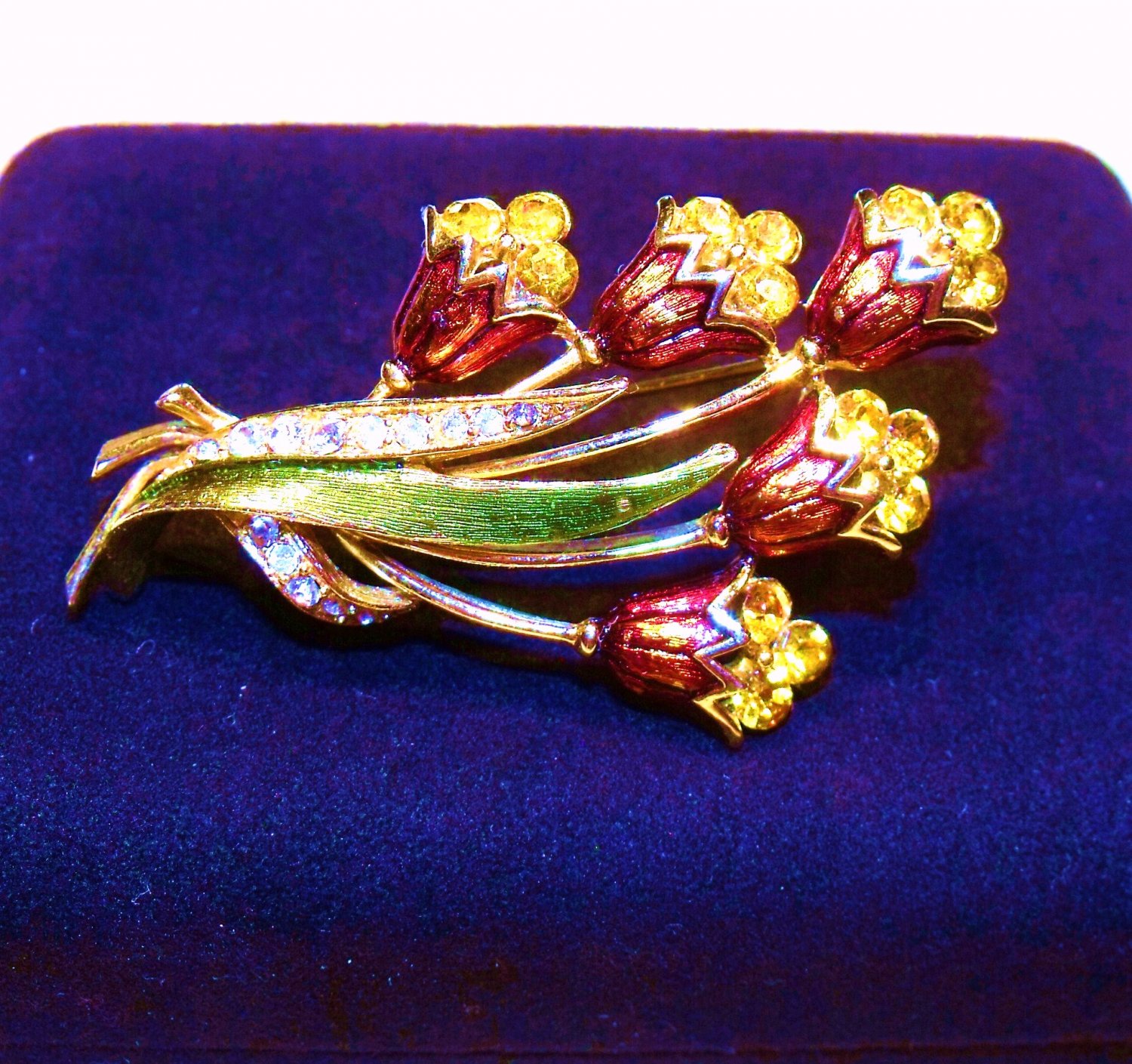 Tulip Rhinestones Enameled Brooch Pin Vintage 2.5 inch