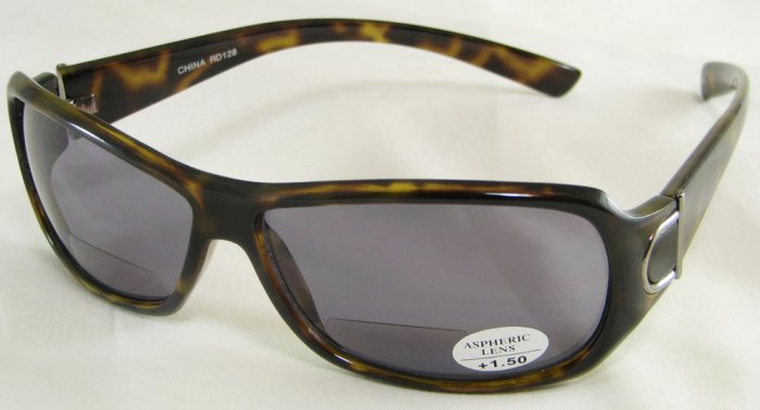 128RT-150 TINTED READING SUNGLASSES SUN READERS TORTIOSE PLASTIC FRAME SMOKE LENSES +1.50 BIFOCAL