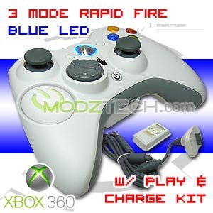 3 MODE XBOX 360 RAPID FIRE Controller 360 Turbo with BLUE LED Lights + Play and Charge Kit