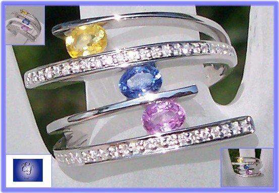 Fancy yellow blue pink sapphires & diamonds 18k white gold ring Sz 7