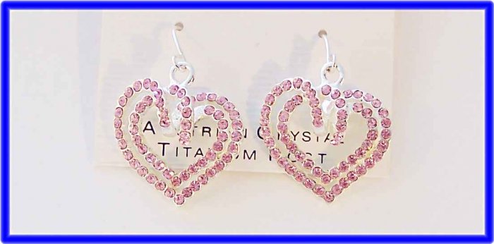 Austrian Crystal pink heart 1.5" dangle 3-D swirl earrings