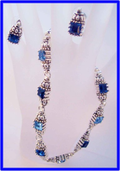 Princess cut blues and silvertone cable designer style earrings and power necklace